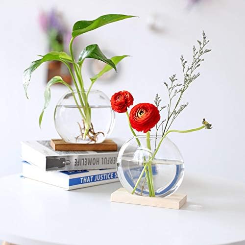 Kingbuy Desktop Round Glass Planter Terrarium Flower Vase with Wooden Stand for Propagation Hydroponic Water Plants Home Office Decor, 2 Pack, Beige