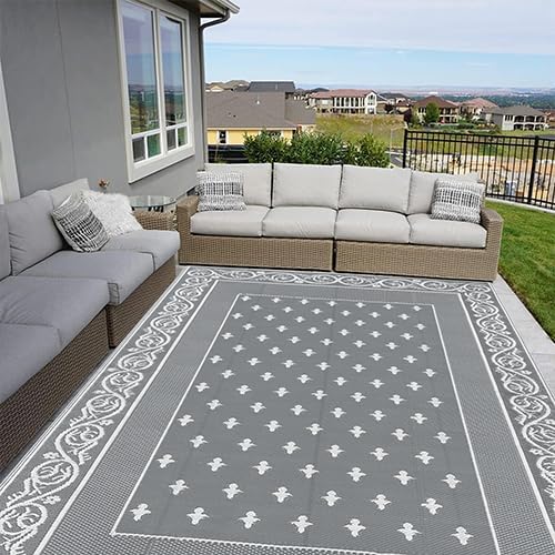 Pauwer Waterproof Outdoor Rug 8x10, Reversible Plastic Straw Patio Camping Rug, Indoor Outdoor RV Mat Carpet for Deck, Camper, Porch, Balcony, Backyard, Picnic, Bordered Grey