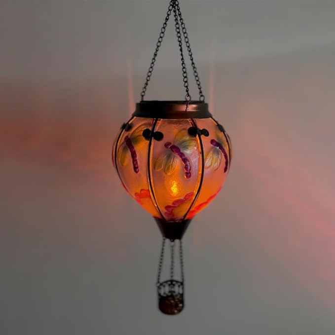 2PC Hot Air Balloon Solar Lantern with 2PC Shepherd Hook, Flickering Flame Hanging Solar Lanterns Outdoor Lights Waterproof Lanterns Decorative Garden Patio Yard Party Decor (Dragonfly)