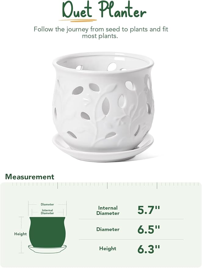 LE TAUCI Ceramic Orchid Pot, 6.5 Inch Orchid Pots with Holes, Orchid Planter for Repotting, Indoor Flower Plant Pot with Drainage and Saucer, White