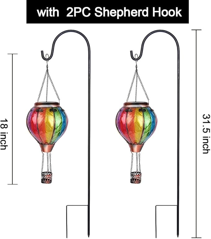 2PC Hot Air Balloon Solar Lantern with 2PC Shepherd Hook, Flickering Flame Hanging Solar Lanterns Outdoor Lights Waterproof Lanterns Decorative Garden Patio Yard Party Decor Colorful