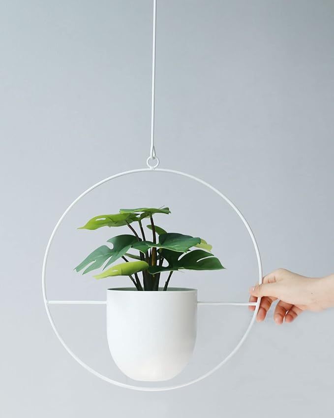 Hanging Planter Indoor Modern Boho Plant Pot Metal Wall and Ceiling Plant Holder Mid Century Minimalist Flower Pot for Hanging Plants, White