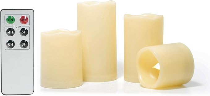 CANDLE CHOICE Outdoor Battery Operated Flameless Candles with Remote & Timer Waterproof Plastic Realistic Flickering Fake Electric LED Pillars for Lantern Garden Wedding Christmas Decorations 4 Pack