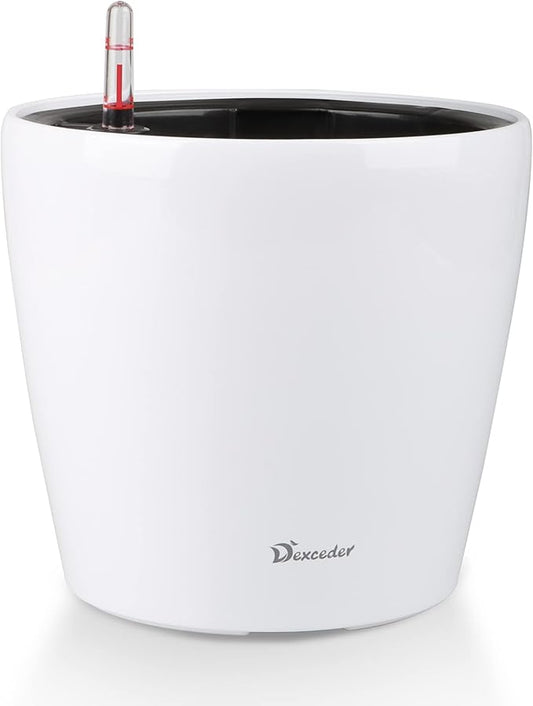 Dexceder 9x8 Inches High Gloss Self Watering Planter Indoor Outdoor, Inner Pot Design, Thickened Table Flower Plant Pot with Water Level Indicator (White)