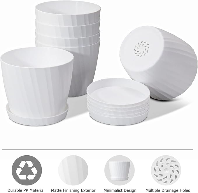 7 Inch Plant Pots Bulk, 6 Pack Plastic Planters with Drainage Holes and Saucers for Indoor Outdoor House Plants and Flowers, White