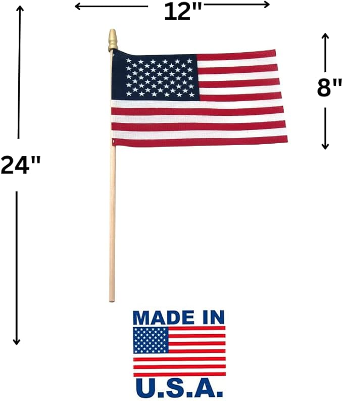American Flags on Stick - Handheld Spearhead US Flag for 4th of July, Memorial Day Event Decorations - Patriotic Decor for Indoors & Yard - Wooden Stick, Cotton Fabric - (8"x12" - 12 Pack)