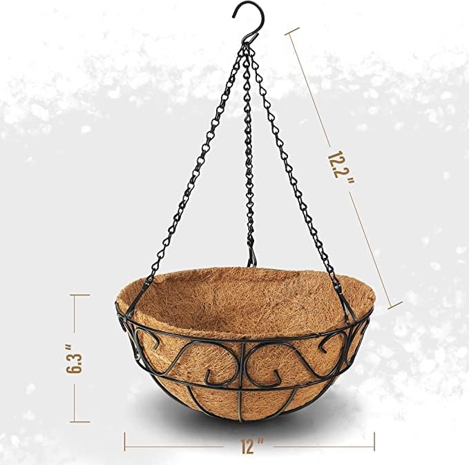 2 Pack Metal Hanging Planter Basket with Coco Coir Liner Chain Round for Garden Decoration Porch Indoor Outdoor (S Shape)