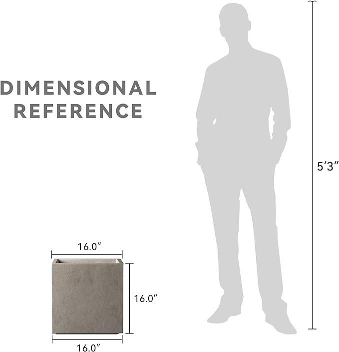 Kante 16 Inch Square Concrete Planter for Outdoor Indoor Home Patio Garden, Large Plant Pot with Drainage Hole and Rubber Plug, Weathered Concrete