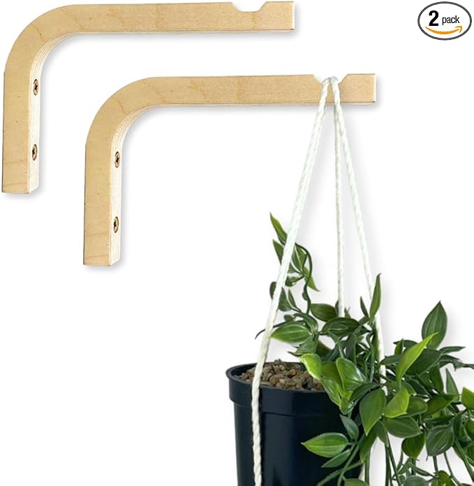 2-Piece Set of Plant Hooks for Wall 6 inch - Mounted Wooden Plant Hook - Indoor and Outdoor Bracket Plant Hanger for Planters, Lanterns, Bird Feeders, Patio Decorations (Natural)