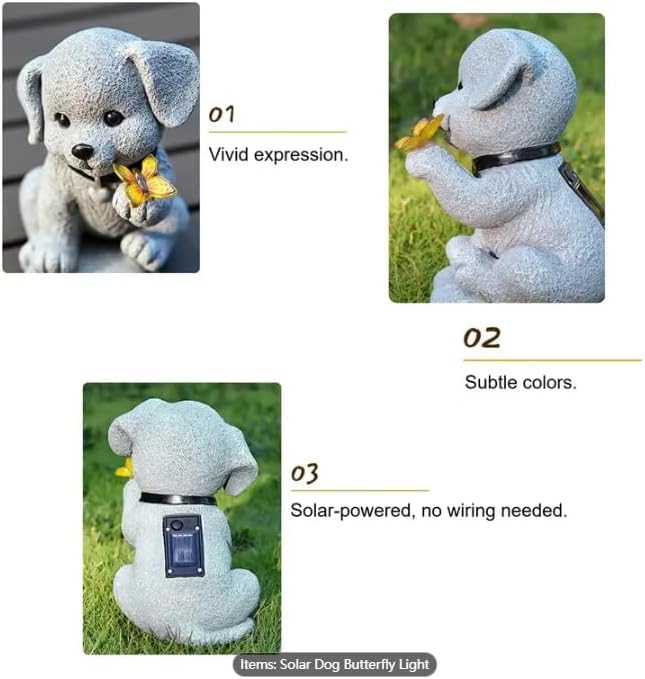 Solar Dog Statue Garden Decor with Butterfly Light – Waterproof Outdoor Yard Art for Patio, Lawn, Balcony for Mother’s Day, Father’s Day, Housewarming, Mom, Dad, Grandma, Men, Women