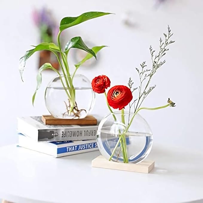 Kingbuy Desktop Round Glass Planter Terrarium Flower Vase with Wooden Stand for Propagation Small Hydroponic Plants Home Office Decor, 2 Pack, Brown