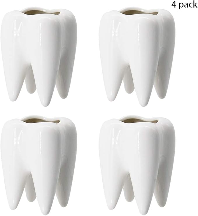 YOFIT Modern Style Teeth Pots Ceramic Flower Pot for Dental Gifts, White Succulent Cactus Bonsai Planter Container for Dental Office Decor, 3.7" Set of 4