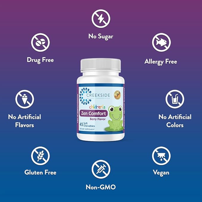 Zen Comfort for Kids, Organic Mood Support with 5-HTP, L-Theanine, Passionflower, Zinc, Pediatrician Formulated for Calm, Sugar-Free, Vegan, Berry Flavor, 45 Soft Chewables