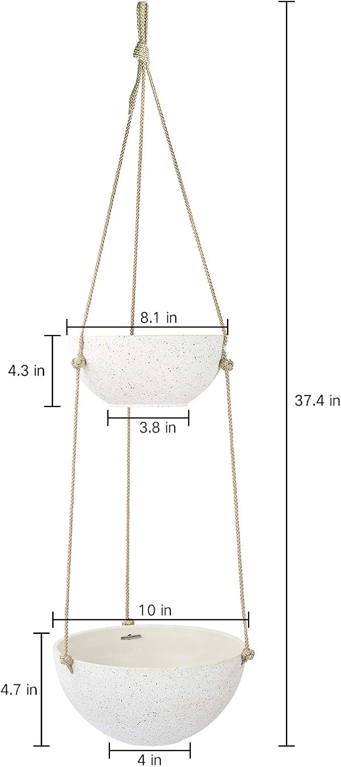 LA JOLIE MUSE 2 Tier Hanging Planters for Indoor & Outdoor Plants - Modern Flower Pots with Rope, Garden Planters with Drain Holes, Speckled White