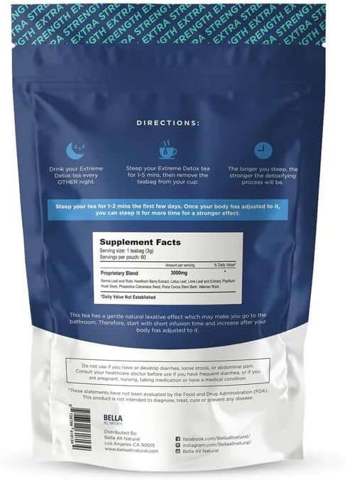Bella All Natural Extreme Detox Tea - Body Cleanse, Colon Cleanser & Detox, Natural Herbs, 3.17 Ounce