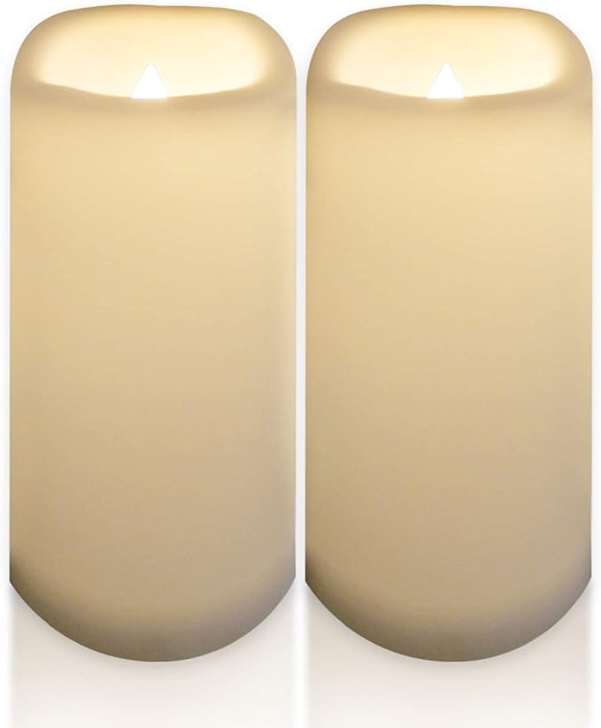 CANDLE CHOICE Waterproof Outdoor Battery Operated Flameless Candles with Timer Large Plastic Resin Bright Flickering Electric LED Pillars Lantern Garden Wedding Christmas Decorations 4”(D)x10”(H) 2PCS