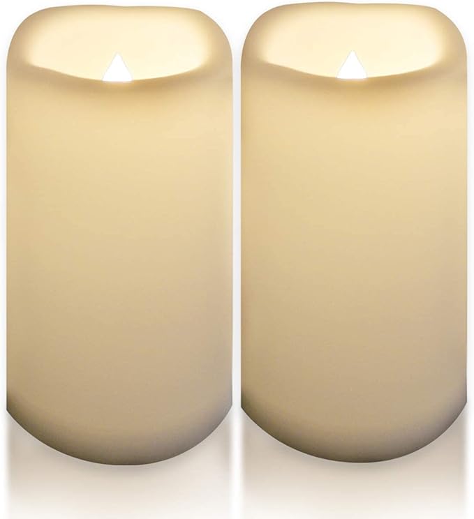CANDLE CHOICE Waterproof Outdoor Battery Operated Flameless Candles with Timer Large Plastic Resin Bright Flickering Electric LED Pillars Lantern Garden Wedding Christmas Decorations 4”(D)x8”(H) 2 PCS