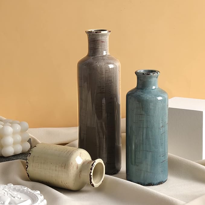 CUCUMI Ceramic Flower Vases Set of 3, Rustic Coastal Home Decor for Farmhouse Shelves, Ocean Beach Style, Mantle, Fireplace, Coffee Table, Shelf for Living Room