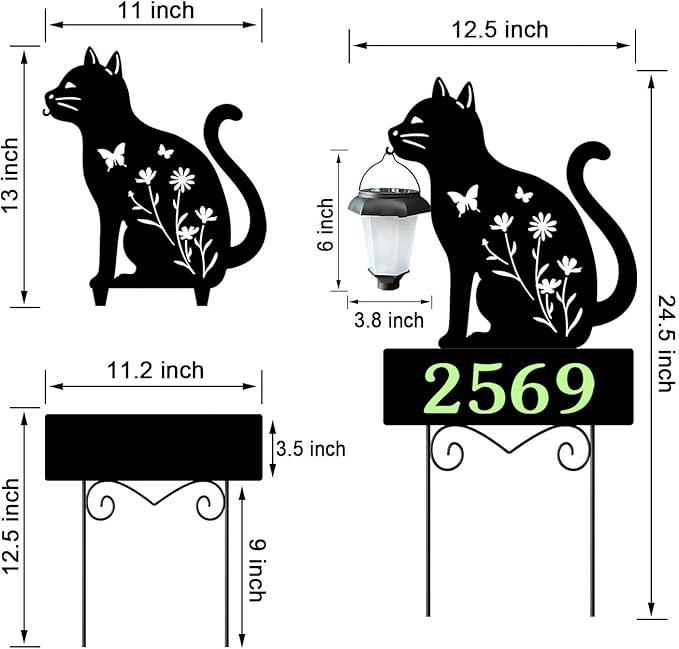 Address Signs for Houses,YY Gardenia Solar Lantern Garden Stake with Glow in the Dark House Numbers-Waterproof Outdoor Yard Sign with Solar Power-Elegant Garden Decor (Cat Black)