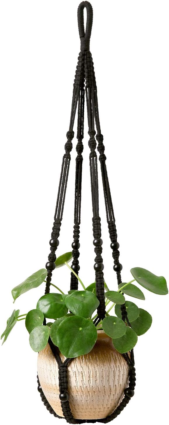 Mkono Macrame Plant Hanger Indoor Hanging Planter Basket with Wood Beads Decorative Flower Pot Holder No Tassels for Indoor Outdoor Boho Home Decor 35 Inch, Black, Set of 1 (POTS NOT Included)