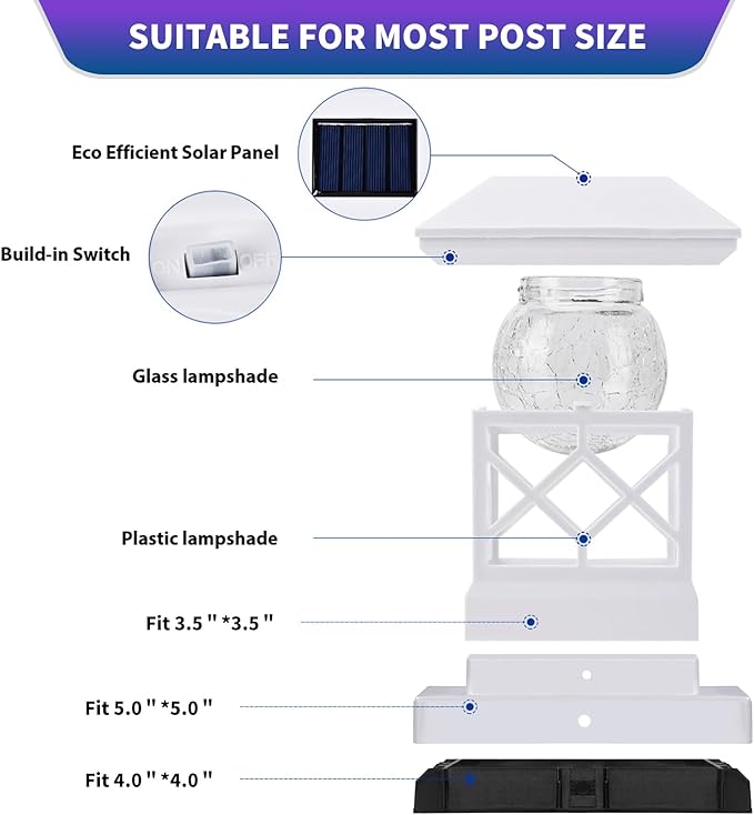 TWINSLUXES Solar Post Cap Light Outdoor, Waterproof LED Fence Post Solar Light, Solar Post Light, 3.5x3.5/4x4/5x5 Post for Patio, Deck Garden Decoration, Wooden or Vinyl Fence Deck Post