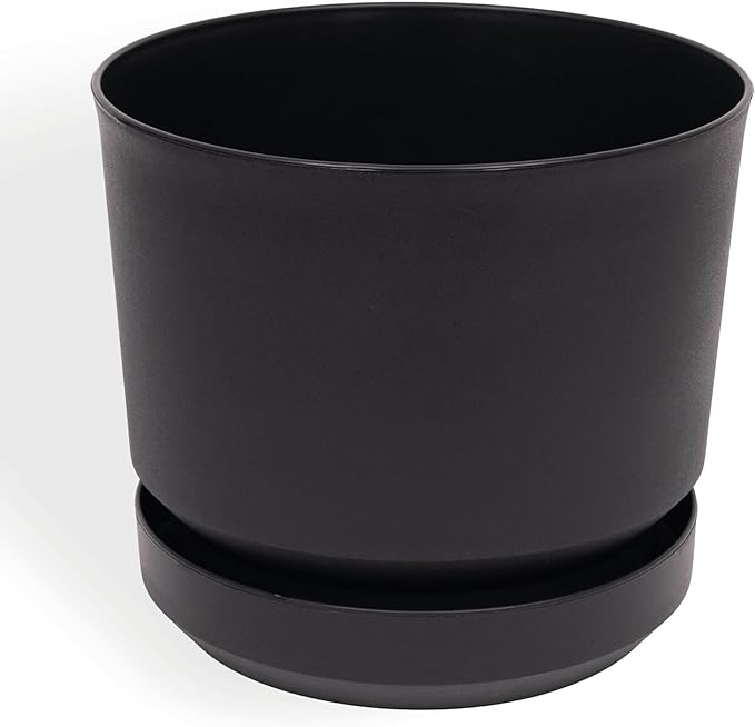 Elly Décor 14 inch Plastic Cylinder Planter Pot with Self-Watering Saucer and Drainage Hole,Lightweight & Extremely Durable, 14"x 14", Black
