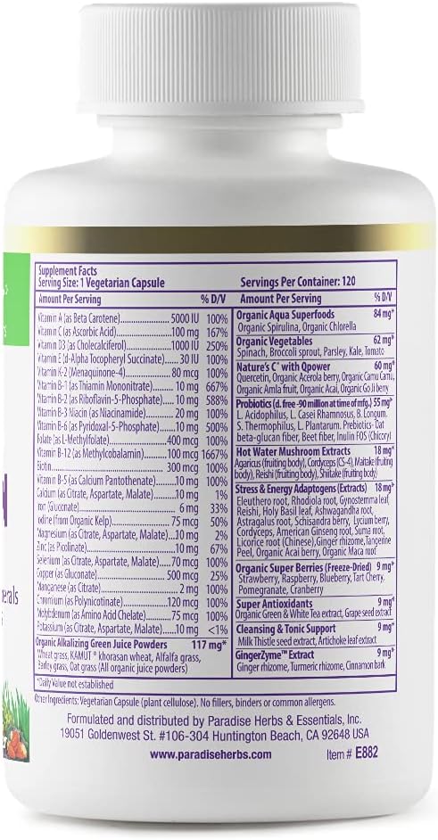 Paradise Herbs, Earth's Blend, Multivitamin, 48 Organic B12, C, K2, Unflavored, 120