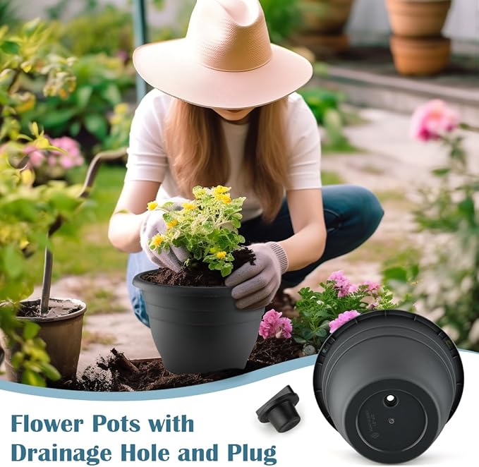 11 Inch Plant Pots, 3 Pack Planters for Indoor Ourdoor Plants, Round Plastic Flower Pots, Large Planters with Drainage Hole and Plug, Gray