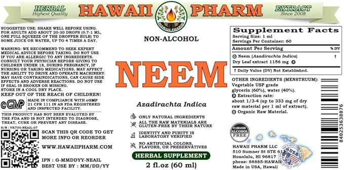 HawaiiPharm Neem Alcohol-Free Liquid Extract, Organic 2 oz