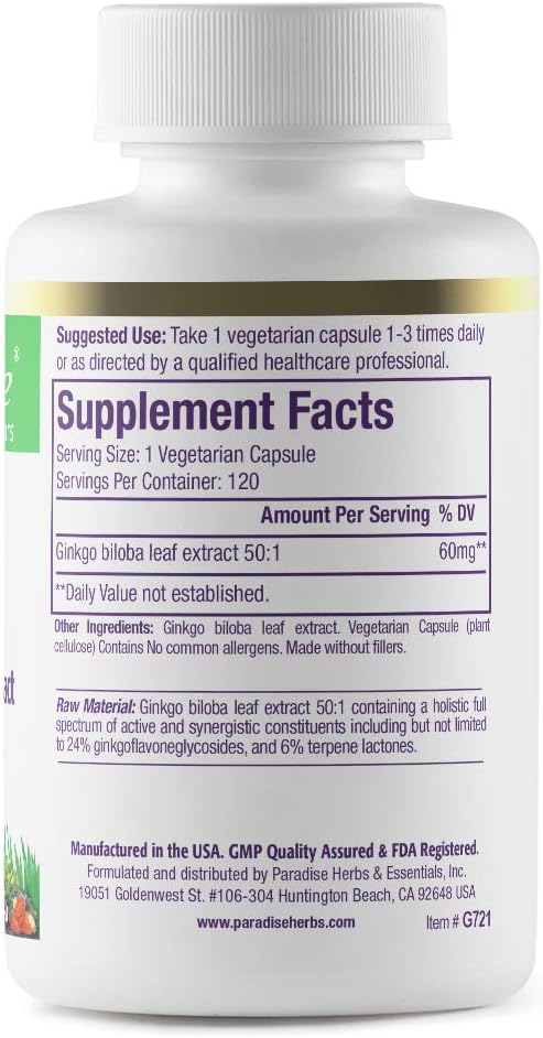 Paradise Herbs Ginkgo Biloba Extract, Super 120 Vegetarian