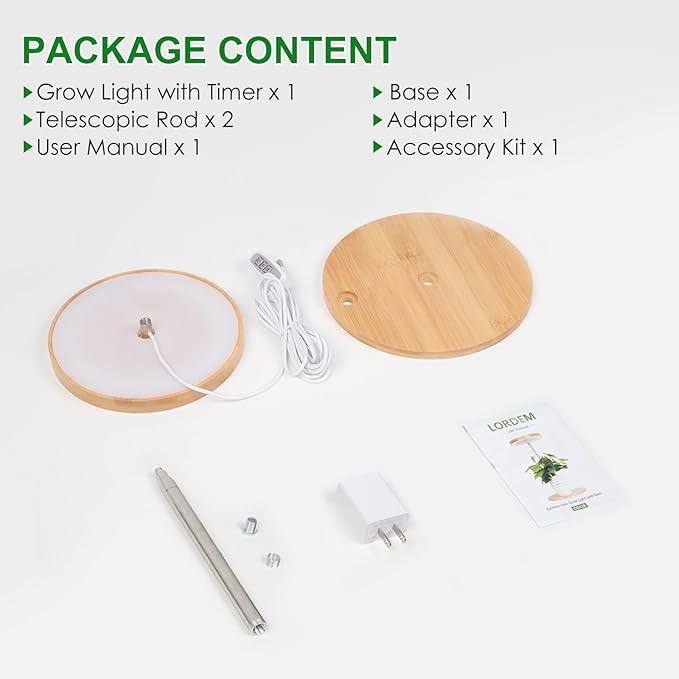 LORDEM Bamboo Grow Light, LED Plant Light for Indoor Plants Growing, Full Spectrum Bamboo Desk Growth Lamp with Automatic Timer for 4H/8H/12H, 4 Dimmable Levels, Height Adjustable