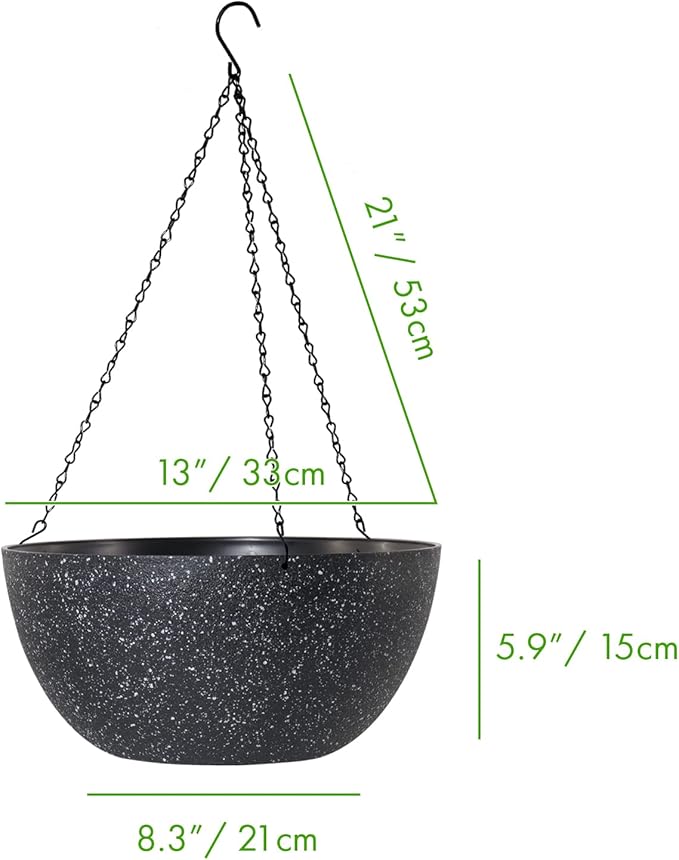 WOUSIWER 13 inch 2Pack Large Hanging Planters for Outdoor Indoor Plants with Drainage Holes and Chain, Round Hanging Flower Pots for Garden Home Porch Decor, Black Speckles