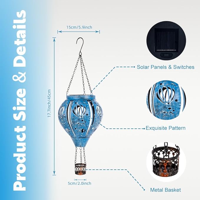 Hot Air Balloon Solar Lantern, Hollow Out Solar Powered Hot Air Balloon Lantern Outdoor Waterproof, Blue Metal Hanging Hots Airs Balloons Solars Light for Outdoor Patio Garden Decor