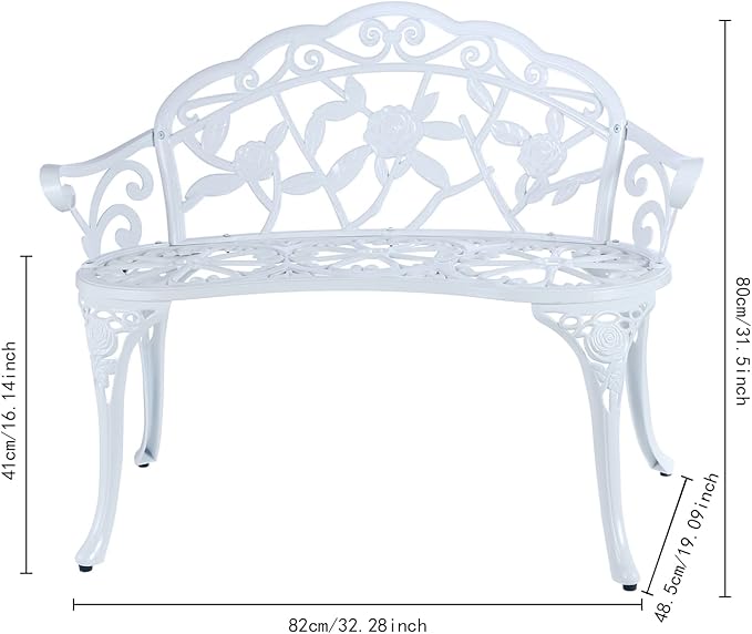 JARDIN DE CENTENNIAL Patio Garden Bench Metal Park Bench Cast Aluminum Outdoor Furniture with Floral Rose for Patio,Park,Lawn,Yard (White)