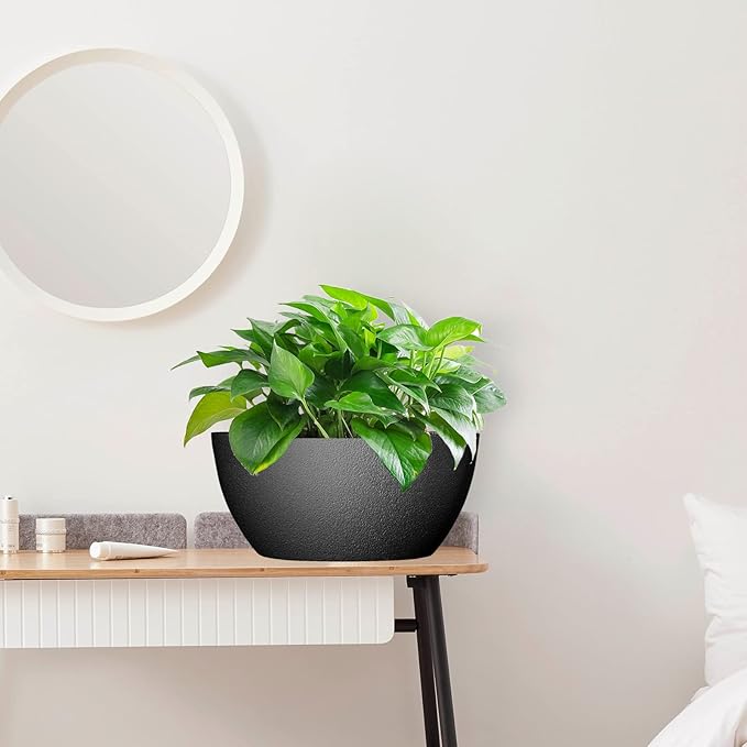 13 inch Large Hanging Planters Plant Pots for Outdoor Indoor Plants with Drainage Holes and Chain, 2 Pack Round Hanging Flower Pots for Garden Home Porch Decor, Black