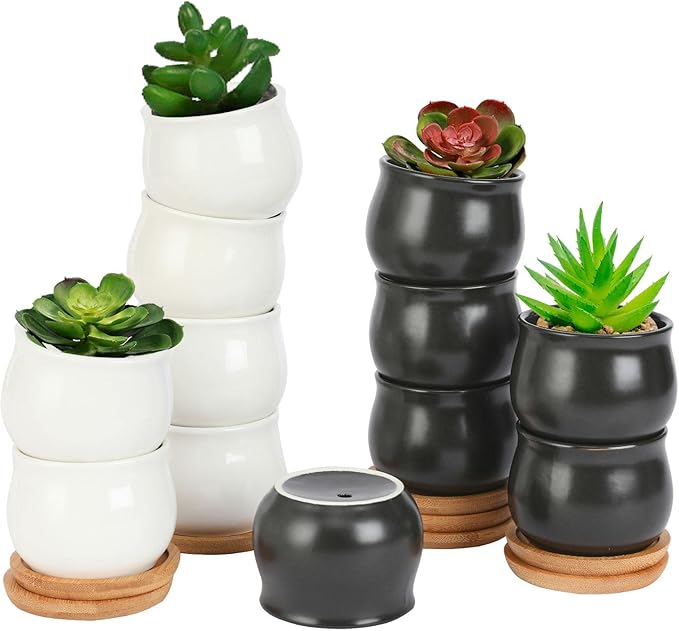 12 Pack Succulent Plant Pot, Mini 2.6 inch Ceramic Flower Planter Pot with Bamboo Tray, Small Pots for Plants, Plants Not Included (White, Black)
