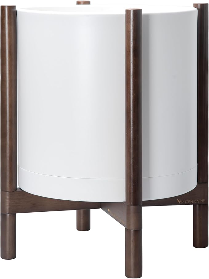 D'vine Dev Planter Pot with Stand - 16 Inch Plastic Cylinder Flower Pot with Wood Planter Holder for Indoor, Matte White Pot + Walnut Color Stand, 55-C-X-1