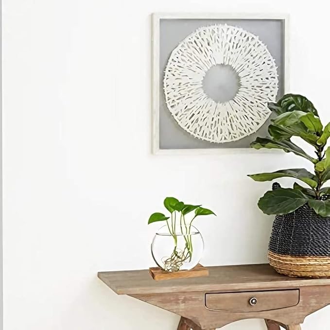 Kingbuy Desktop Round Glass Planter Terrarium Flower Vase with Wooden Stand for Propagation Small Hydroponic Plants Home Office Decor, 2 Pack, Brown