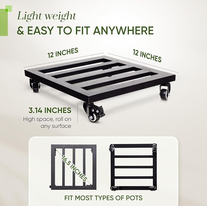 IDZO Upgraded Lockable Heavy Duty Trolley Capacity 385lbs, 12 Inch, Black, Large Plant Pots, Parasol Stands and Bases or Plant Stand with Wheels