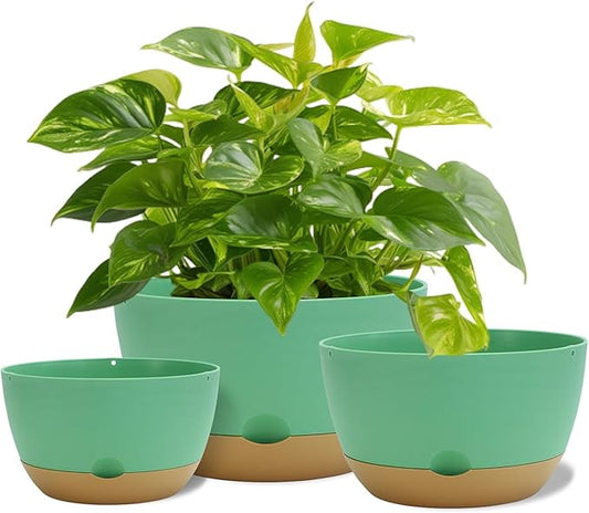 12 Inch Pots for Indoor Plants, Large Self Watering Planters with Drainage and Saucers, Plastic Outdoor Flower Pot, Set of 2, Green