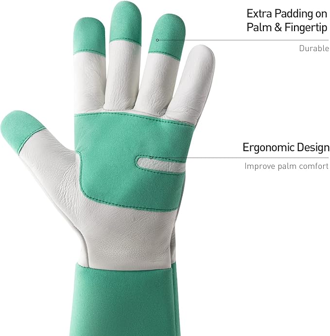 HANDLANDY Long Gardening Gloves for Men & Women, Thorn Proof Rose Pruning Gloves Leather Gauntlets Garden Gloves Yard Work Gloves (Medium, Green)