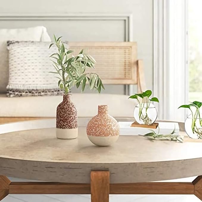 Kingbuy Desktop Round Glass Planter Terrarium Flower Vase with Wooden Stand for Propagation Small Hydroponic Plants Home Office Decor, 2 Pack, Brown