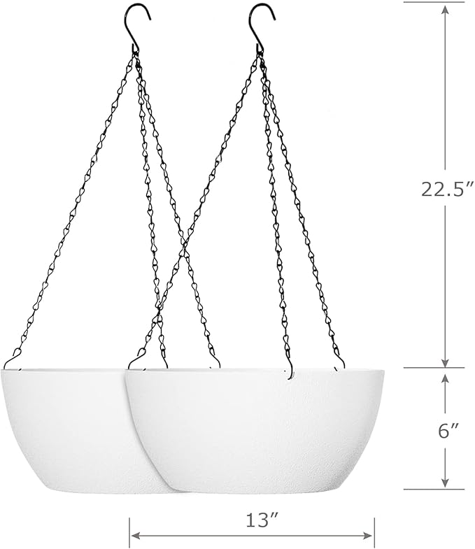 13 inch Large Hanging Planters Plant Pots for Outdoor Indoor Plants with Drainage Holes and Chain, 2 Pack Round Hanging Flower Pots for Garden Home Porch Decor, White