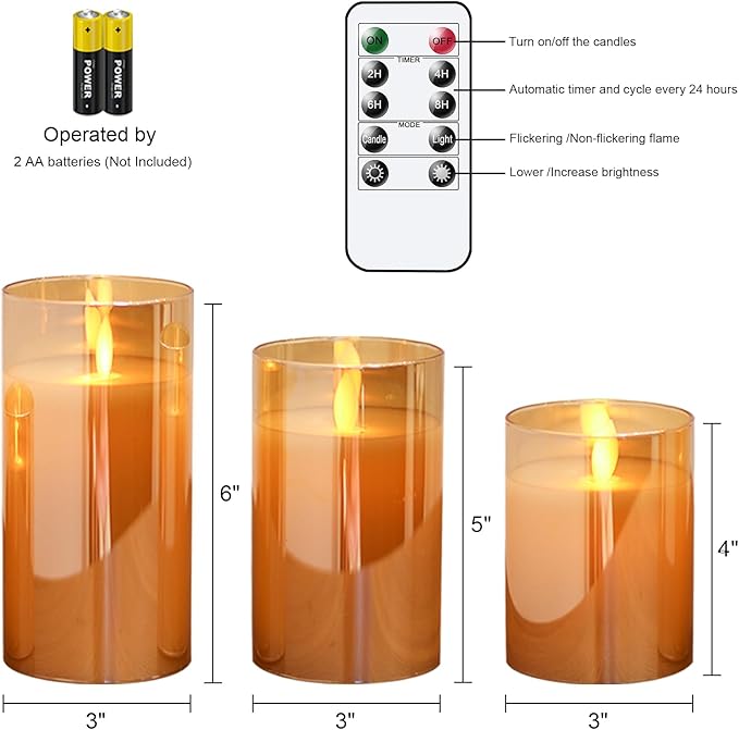 Glass Flickering Flameless Candles with Remote Timer, LED Pillar Candles Battery Operated with 3D Realistic Wick, Real Wax Fake Candles Home Decor for Wedding Festival Party(Gold)