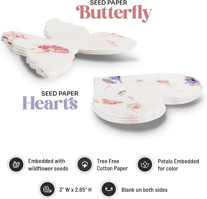 48pcs Plantable Wildflower Seed Paper – 24 Heart & 24 Butterfly Shapes for Weddings, Showers, & Life Events