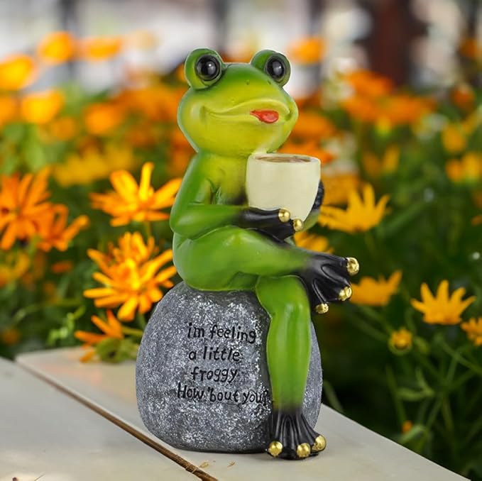 Spring & Summer-Themed Garden Statues – Adorable Outdoor Decor for Lawn, Patio & Porch (Coffee Drinking Frog Garden Statue with Funny Quote)
