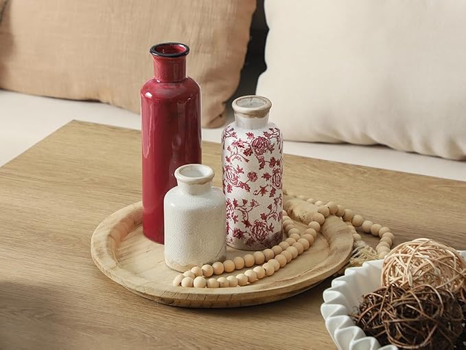 Vintage Vase Set of 3, Ceramic Vintage Flower Vases, Chinoiserie Decorative Home Decor Retro Floral Vase Rustic Farmhouse Decor for Table Bookshelf Mantel Kitchen Living Room Office - Red and White