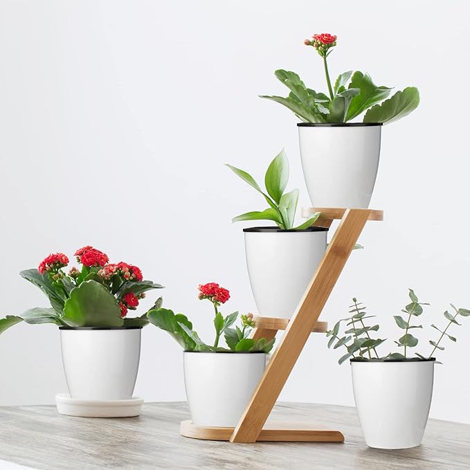 Eccliy 14 Pieces 5 Inch Indoor Plant Pots Self Watering Planters with Drainage Holes Plastic Flower Pots with Water Indicator White Violet Pots for Indoor Outdoor Garden Home Office Decor