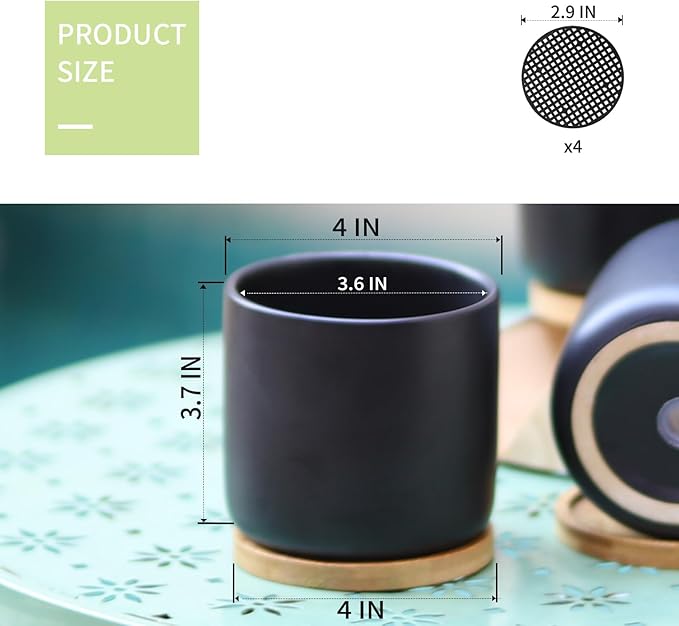 4 Inch Ceramic Plant Pots with Drainage Holes and Trays, Adorable Small Cylinder Flower Planter Pot for Indoor Plants, Succulent, Snake Plants, Cactus & Herbs, Black, Set of 4