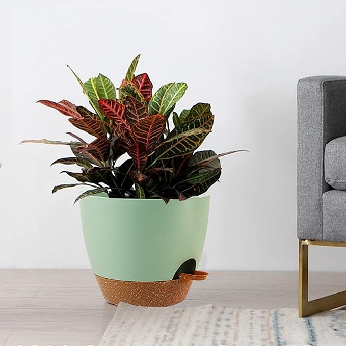 Large Self Watering Pots, 12/10/9 Plastic Planters with High Drainage Holes and Deep Reservoir for Indoor Outdoor Garden Plants and Flowers, Green with Brown